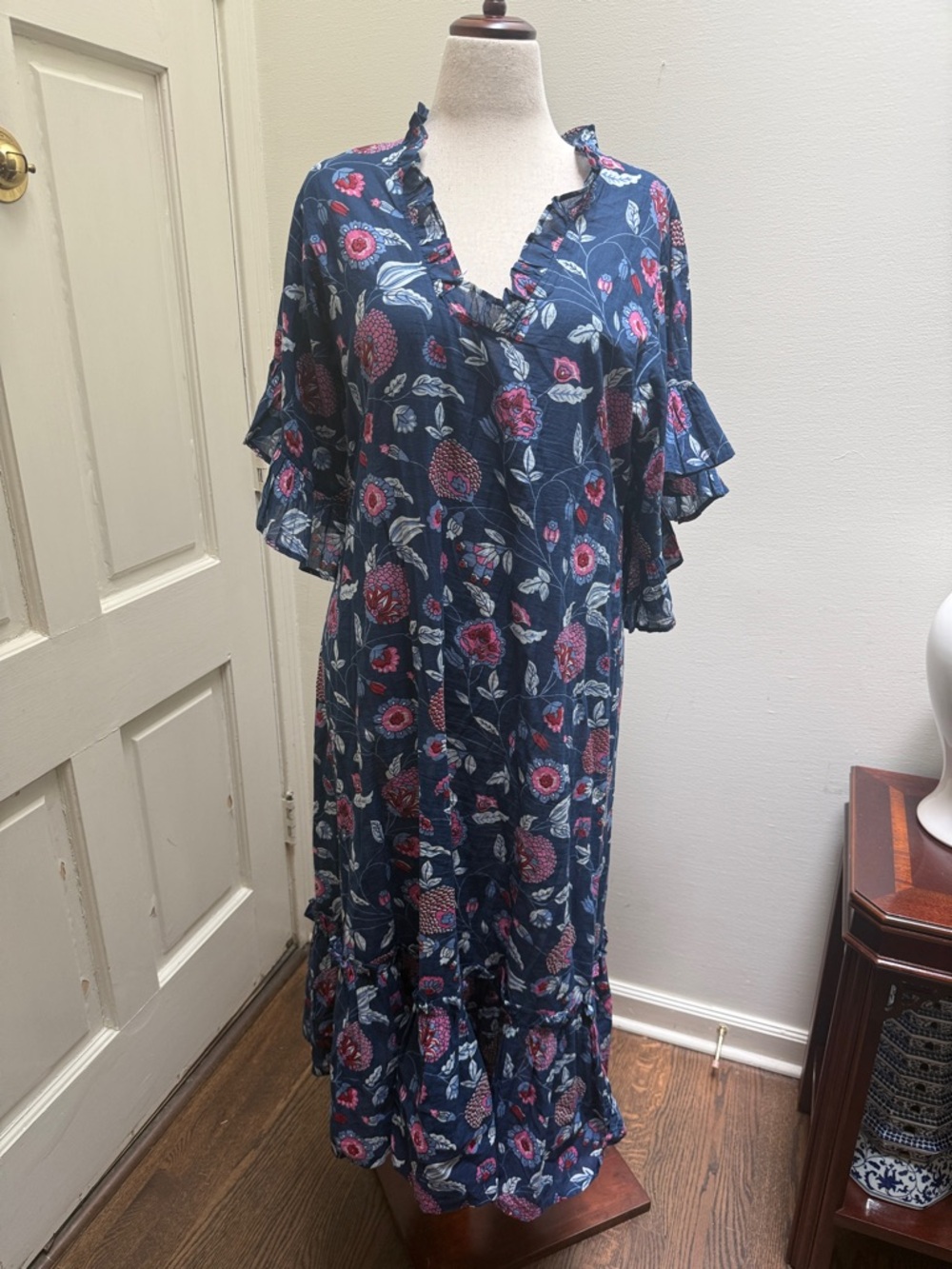 Navy Floral Ruffled Maxi Dress